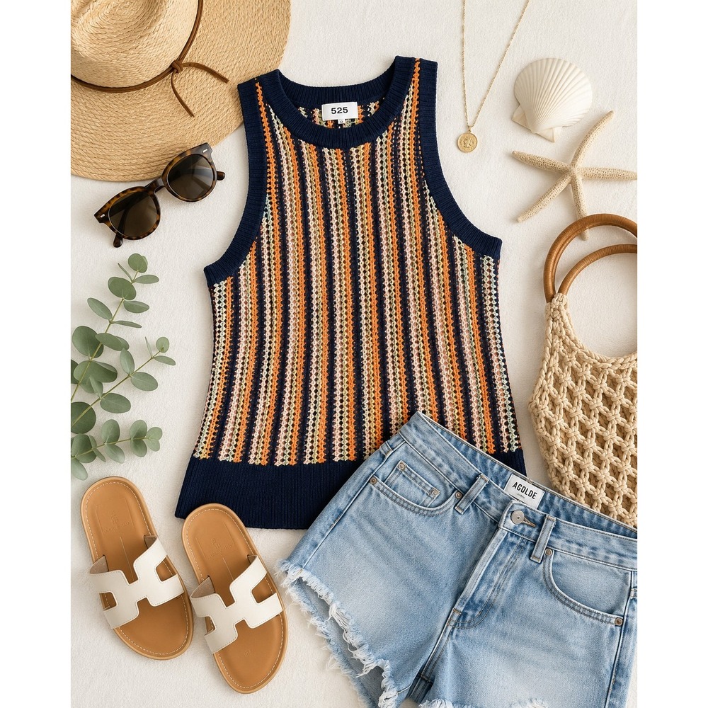 Women's Medium Sweater Vest 525 America 100% Cotton Crochet Coastal Boho Resort
